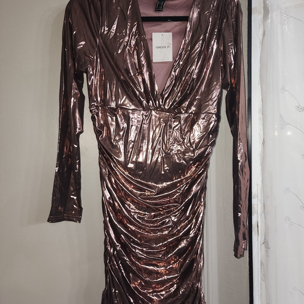 Forever 21 Metallic Rose Gold Ruched Long Sleeve Dress Medi Dress